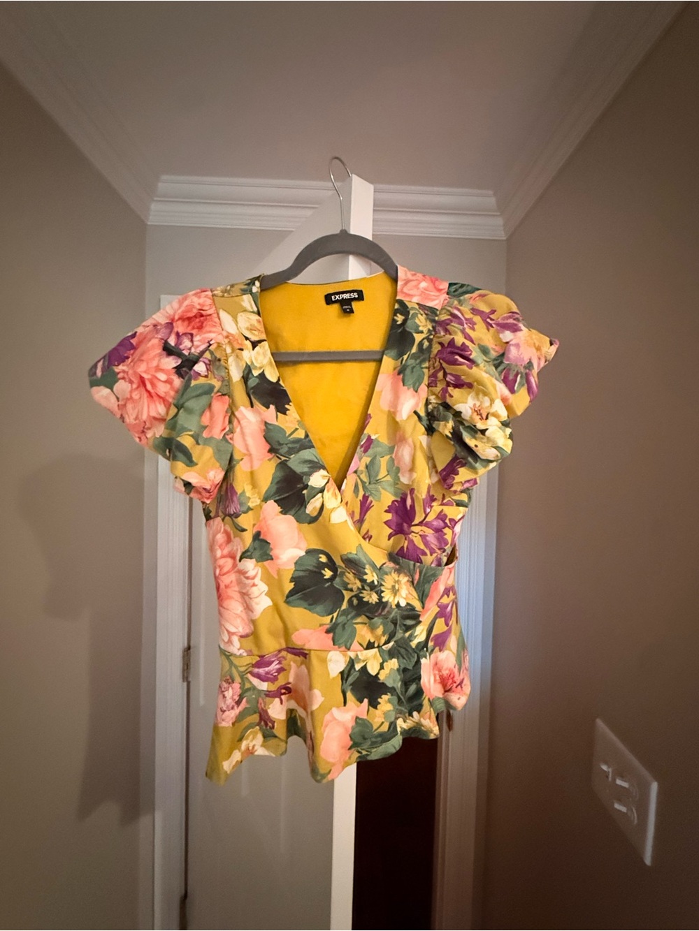 Express Yellow Floral Wrap Blouse with Ruffled Sleeves